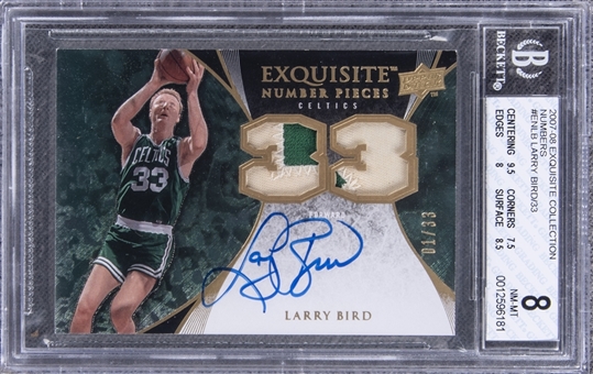 2007-08 UD "Exquisite Collection" Number Pieces Autographs #EN-LB Larry Bird Signed Game Used Patch Card (#01/33) – BGS NM-MT 8/BGS 9
